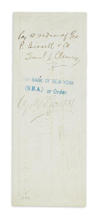 TWAIN, MARK. Check endorsed, Pay to order of Geo. / P. Bissell & Co. / Saml L. Clemens, on verso, payable to Twain from his publishe